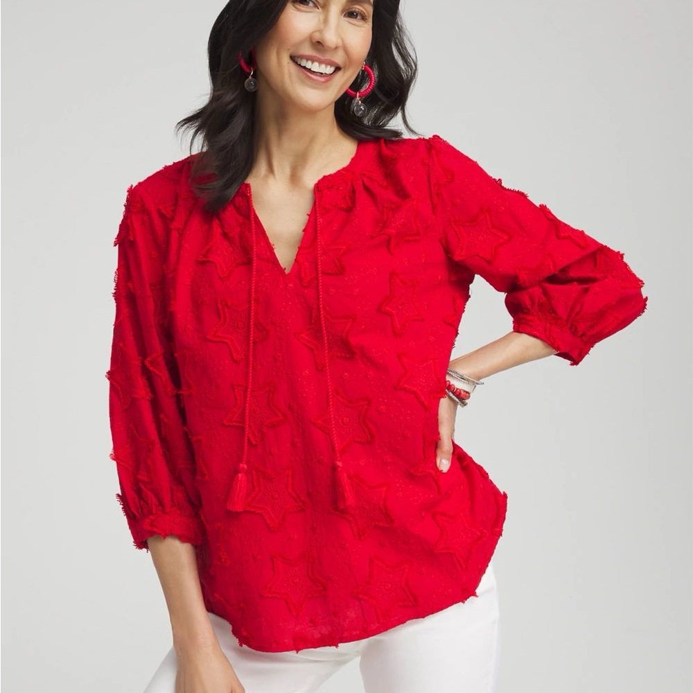 Chico’s embroidered Star Peasant top NWT